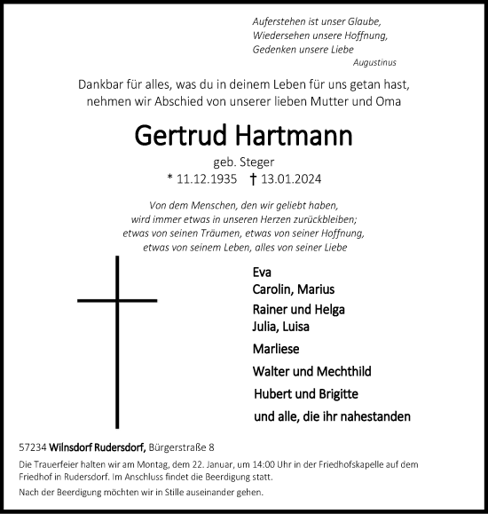 Traueranzeige von Gertrud Hartmann von Tageszeitung