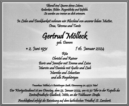 Traueranzeige von Gertrud Mölleck von Tageszeitung