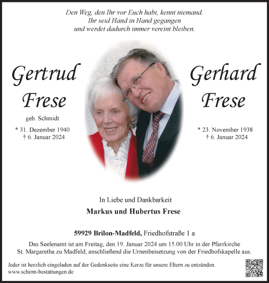 Traueranzeige von Gertrud und Gerhard Frese von Tageszeitung