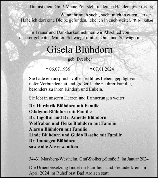 Traueranzeige von Gisela Blühdorn von Tageszeitung