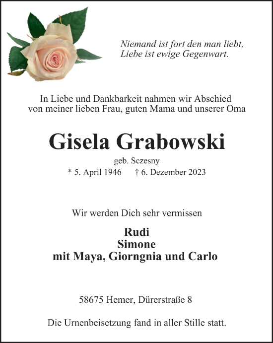 Traueranzeige von Gisela Grabowski von Tageszeitung