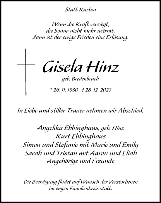 Traueranzeige von Gisela Hinz von Tageszeitung