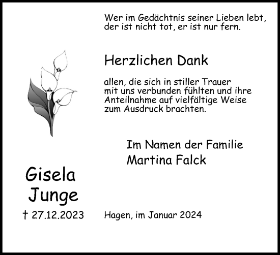 Traueranzeige von Gisela Junge von Tageszeitung