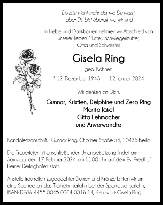 Traueranzeige von Gisela Ring von Tageszeitung