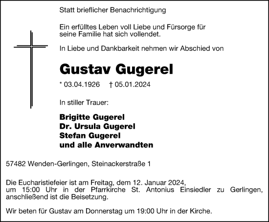 Traueranzeige von Gustav Gugerel von Tageszeitung