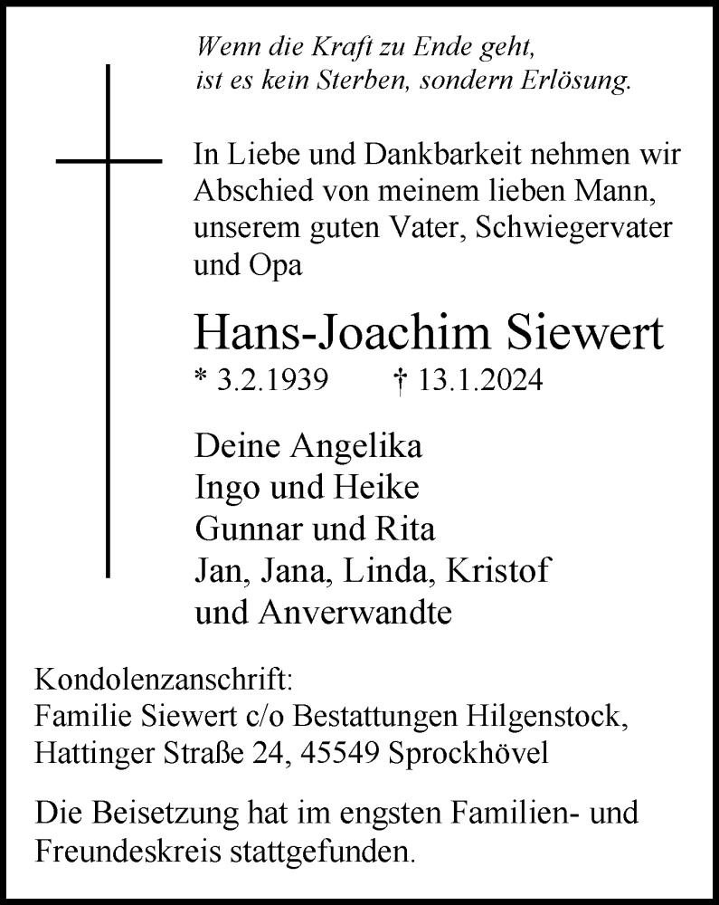  Traueranzeige für Hans-Joachim Siewert vom 27.01.2024 aus Tageszeitung