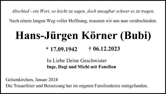 Traueranzeige von Hans-Jürgen Körner von Tageszeitung