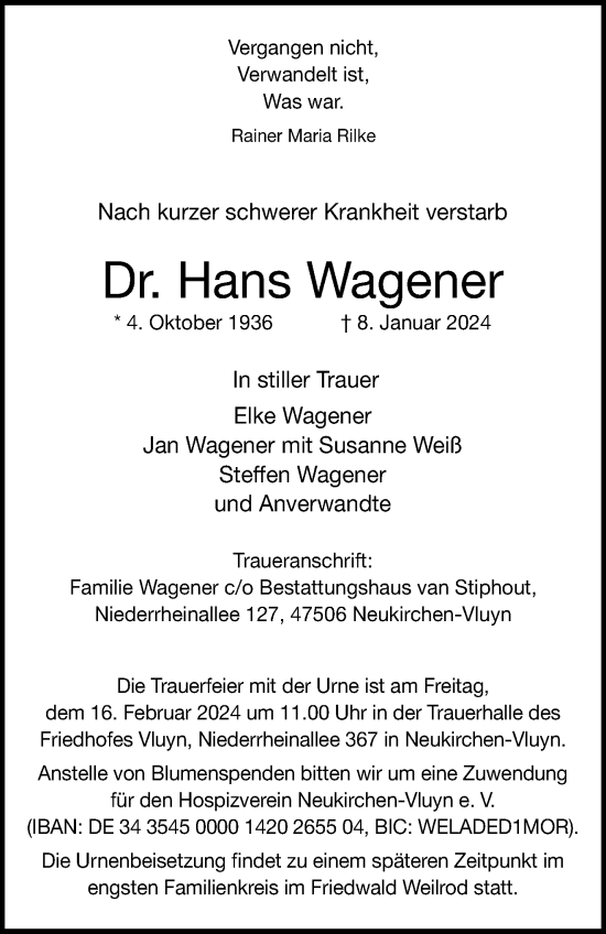 Traueranzeige von Hans Wagener von Tageszeitung