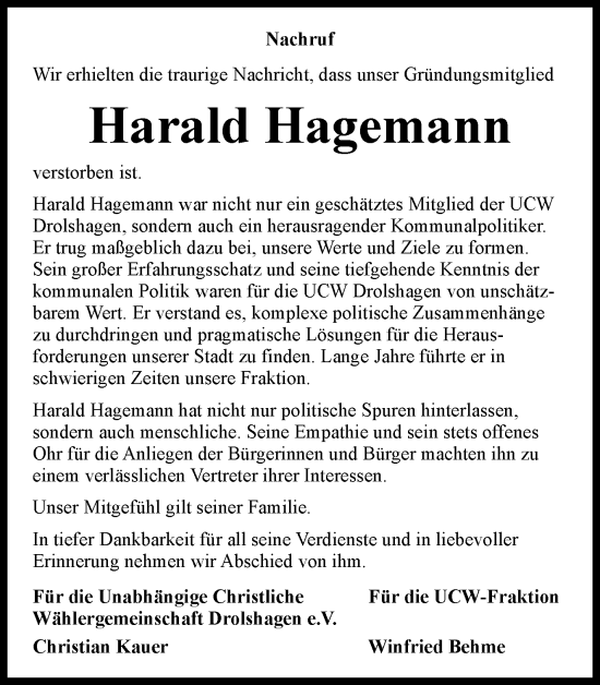 Traueranzeige von Harald Hagemann von Tageszeitung