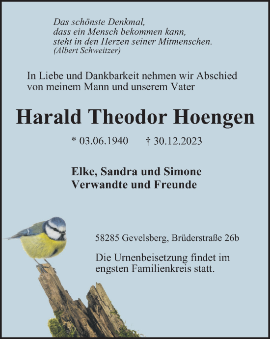 Traueranzeige von Harald Theodor Hoengen von Tageszeitung