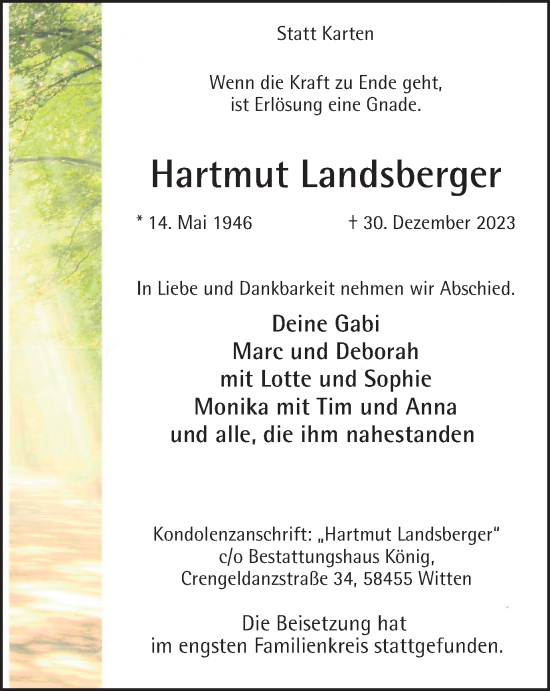 Traueranzeige von Hartmut Landsberger von Tageszeitung