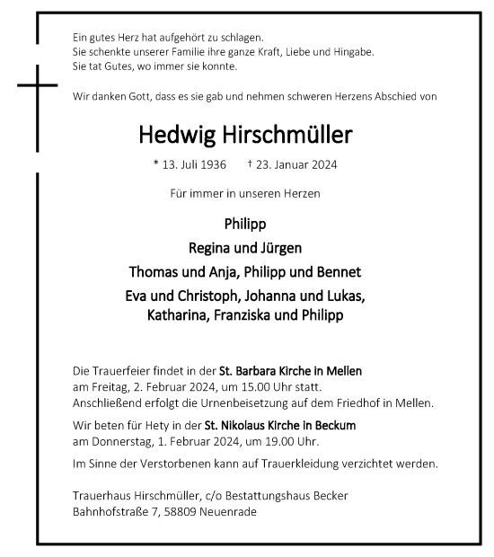 Traueranzeige von Hedwig Hirschmüller von Tageszeitung