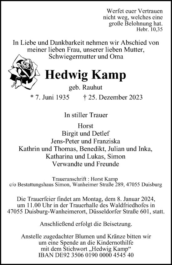 Traueranzeige von Hedwig Kamp von Tageszeitung