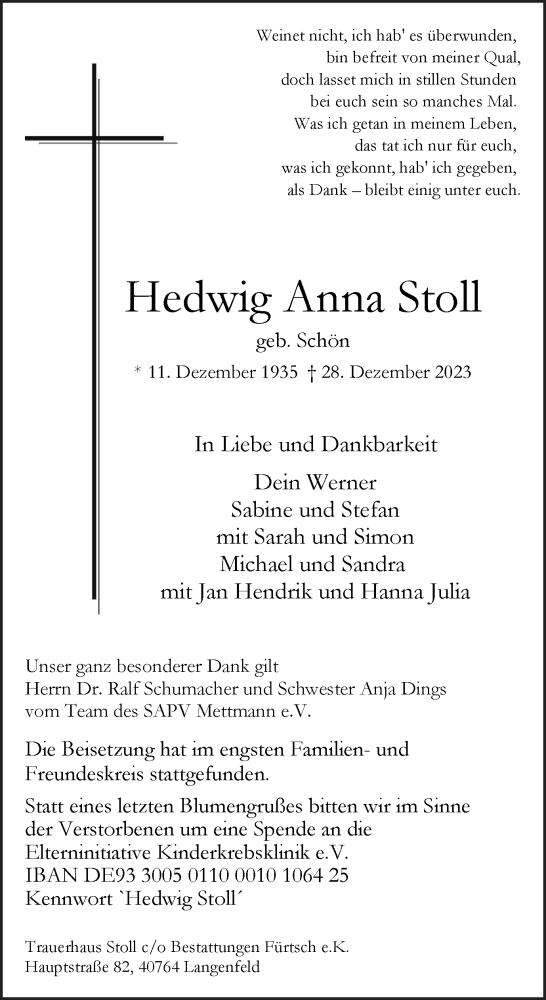 Traueranzeige von Hedwig Anna Stoll von Tageszeitung