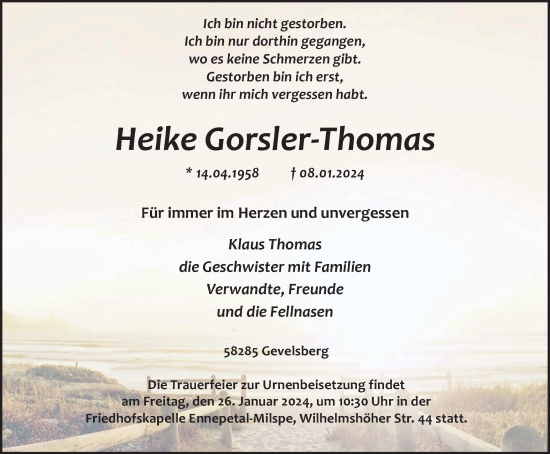 Traueranzeige von Heike Gorsler-Thomas von Tageszeitung