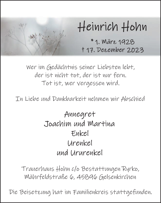 Traueranzeige von Heinrich Hohn von Tageszeitung