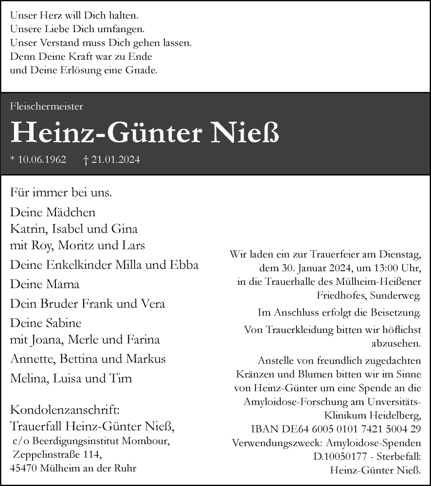  Traueranzeige für Heinz-Günter Nieß vom 27.01.2024 aus Tageszeitung