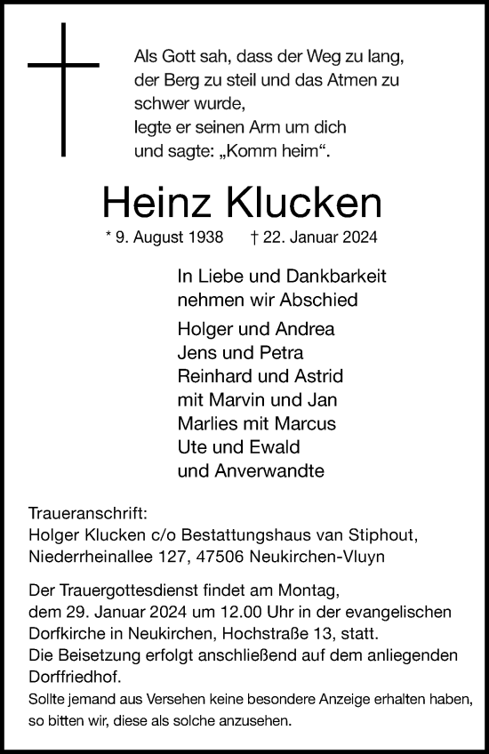 Traueranzeige von Heinz Klucken von Tageszeitung