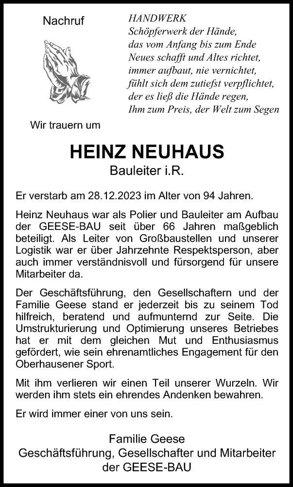  Traueranzeige für Heinz Neuhaus vom 13.01.2024 aus Tageszeitung
