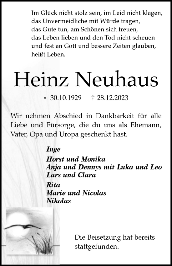 Traueranzeige von Heinz Neuhaus von Tageszeitung