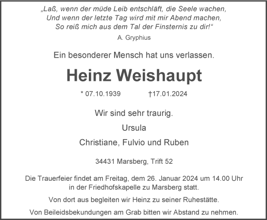 Traueranzeige von Heinz Weishaupt von Tageszeitung