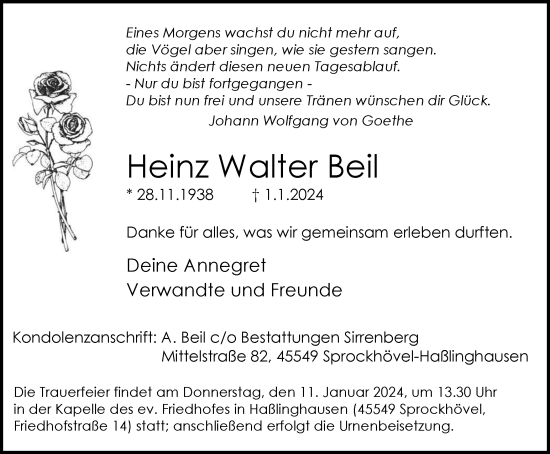 Traueranzeige von Heinz Walter Beil von Tageszeitung