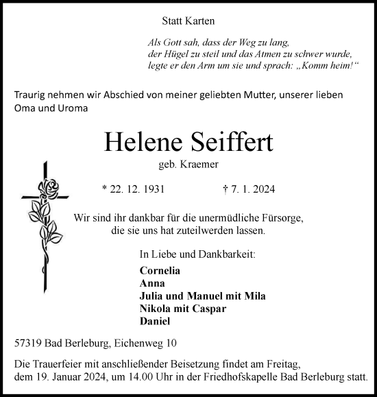 Traueranzeige von Helene Seiffert von Tageszeitung