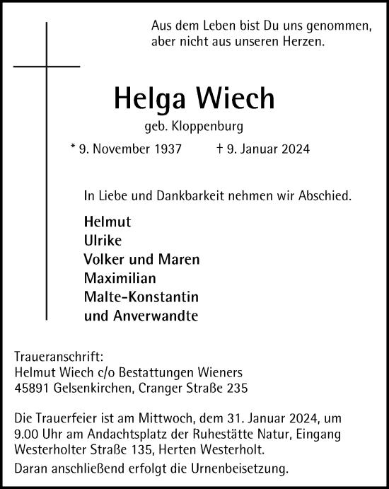 Traueranzeige von Helga Wiech von Tageszeitung