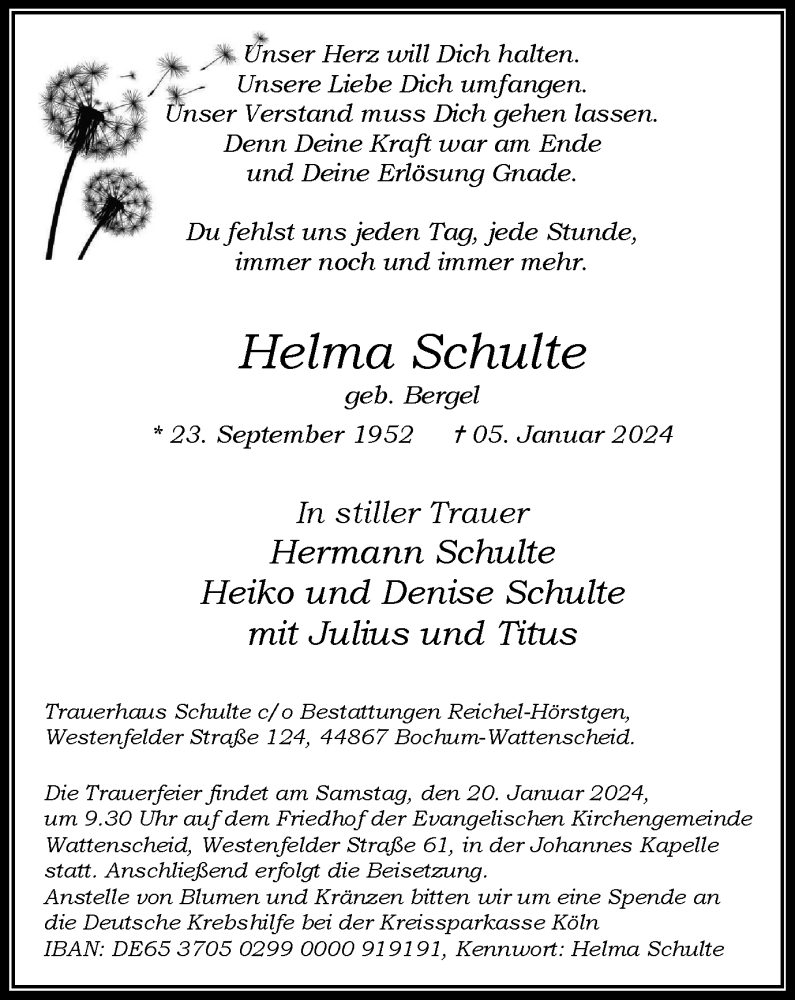  Traueranzeige für Helma Schulte vom 13.01.2024 aus Tageszeitung