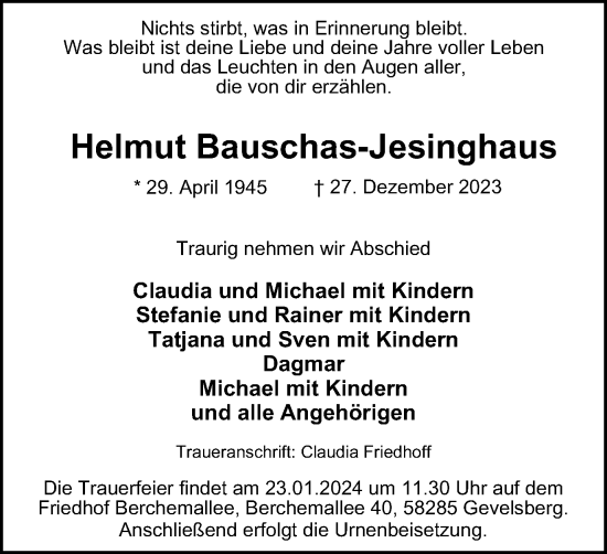 Traueranzeige von Helmut Bauschas-Jesinghaus von Tageszeitung