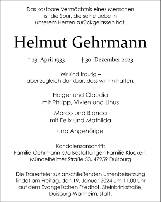 Traueranzeige von Helmut Gehrmann von Tageszeitung