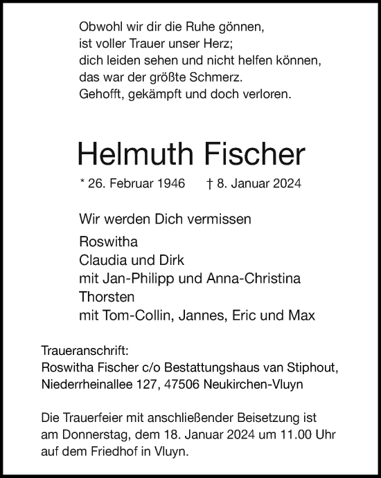 Traueranzeige von Helmuth Fischer von Tageszeitung