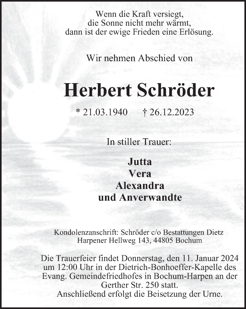  Traueranzeige für Herbert Schröder vom 06.01.2024 aus Tageszeitung