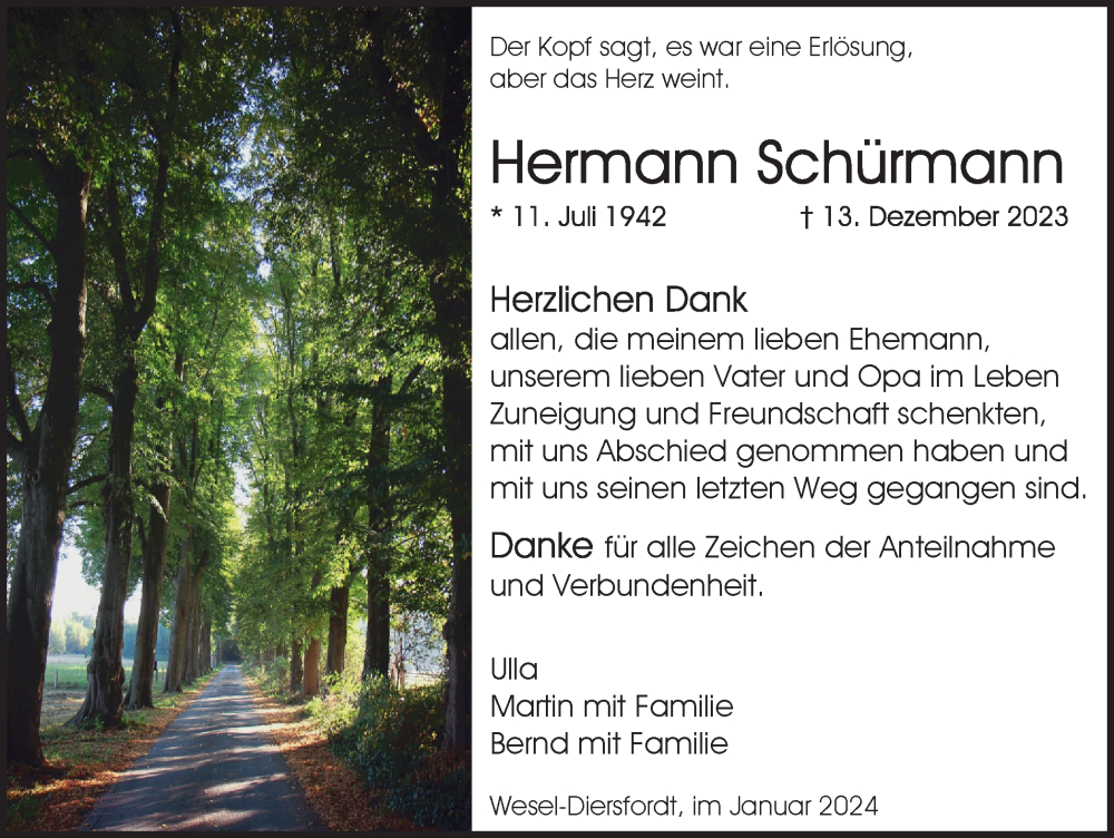  Traueranzeige für Hermann Schürmann vom 20.01.2024 aus Tageszeitung