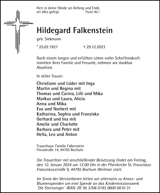 Traueranzeige von Hildegard Falkenstein von Tageszeitung