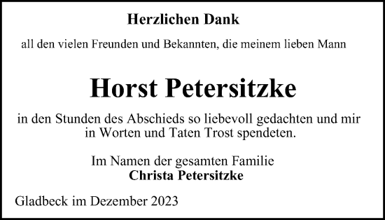 Traueranzeige von Horst Petersitzke von Tageszeitung