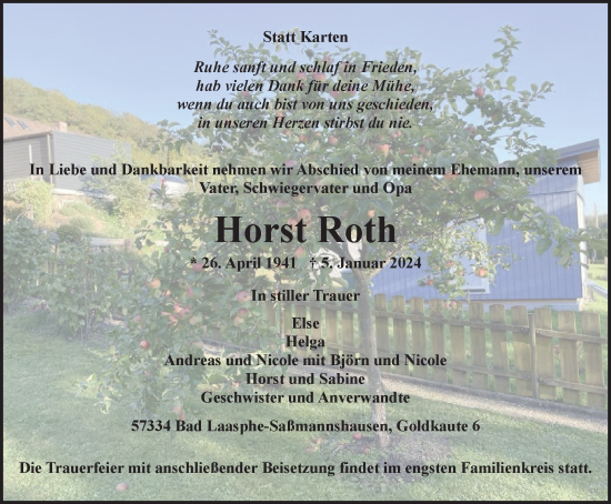Traueranzeige von Horst Roth von Tageszeitung