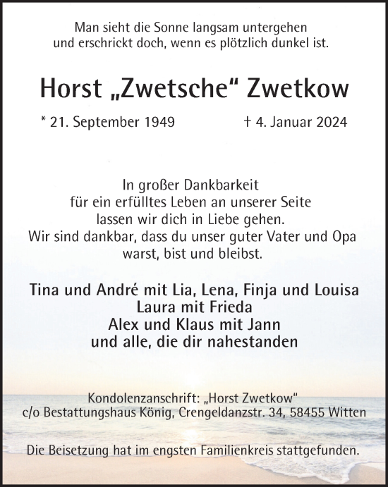 Traueranzeige von Horst Zwetkow von Tageszeitung