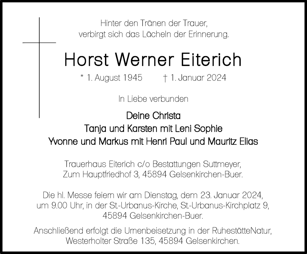  Traueranzeige für Horst Werner Eiterich vom 20.01.2024 aus Tageszeitung