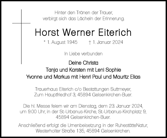 Traueranzeige von Horst Werner Eiterich von Tageszeitung