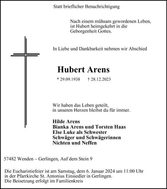 Traueranzeige von Hubert Arens von Tageszeitung
