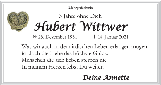 Traueranzeige von Hubert Wittwer von Tageszeitung