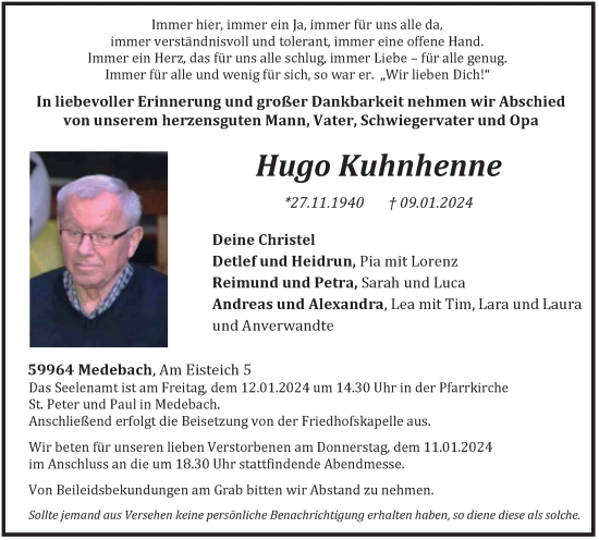 Traueranzeige von Hugo Kuhnhenne von Tageszeitung