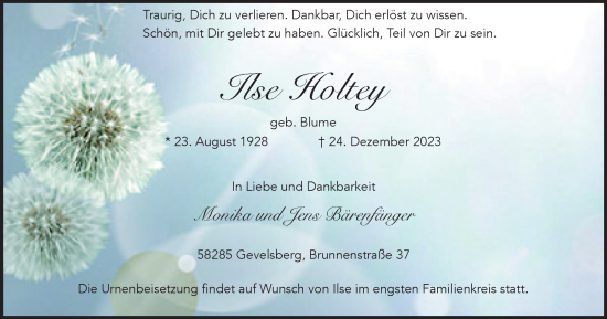 Traueranzeige von Ilse Holtey von Tageszeitung