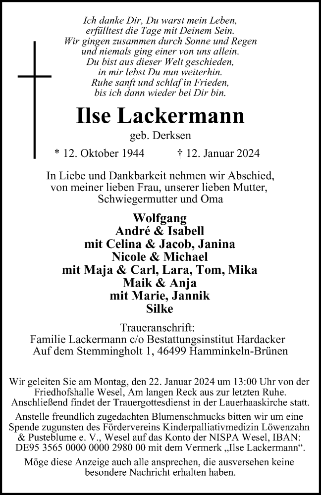  Traueranzeige für Ilse Lackermann vom 18.01.2024 aus Tageszeitung