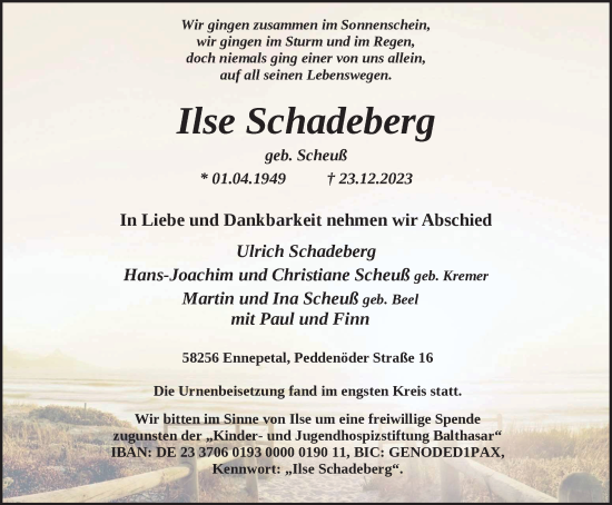 Traueranzeige von Ilse Schadeberg von Tageszeitung