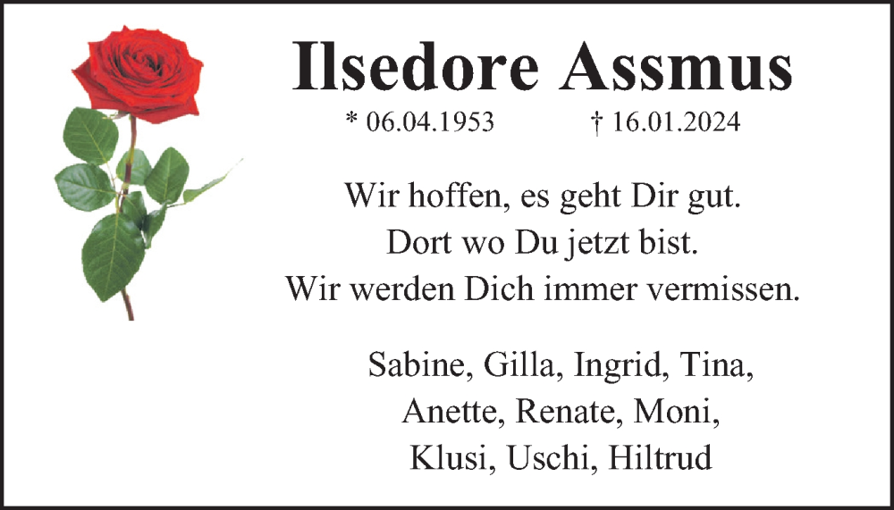  Traueranzeige für Ilsedore Assmus vom 27.01.2024 aus Tageszeitung