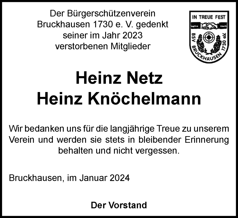  Traueranzeige für Im Gedenken Bürgerschützenverein vom 13.01.2024 aus Tageszeitung