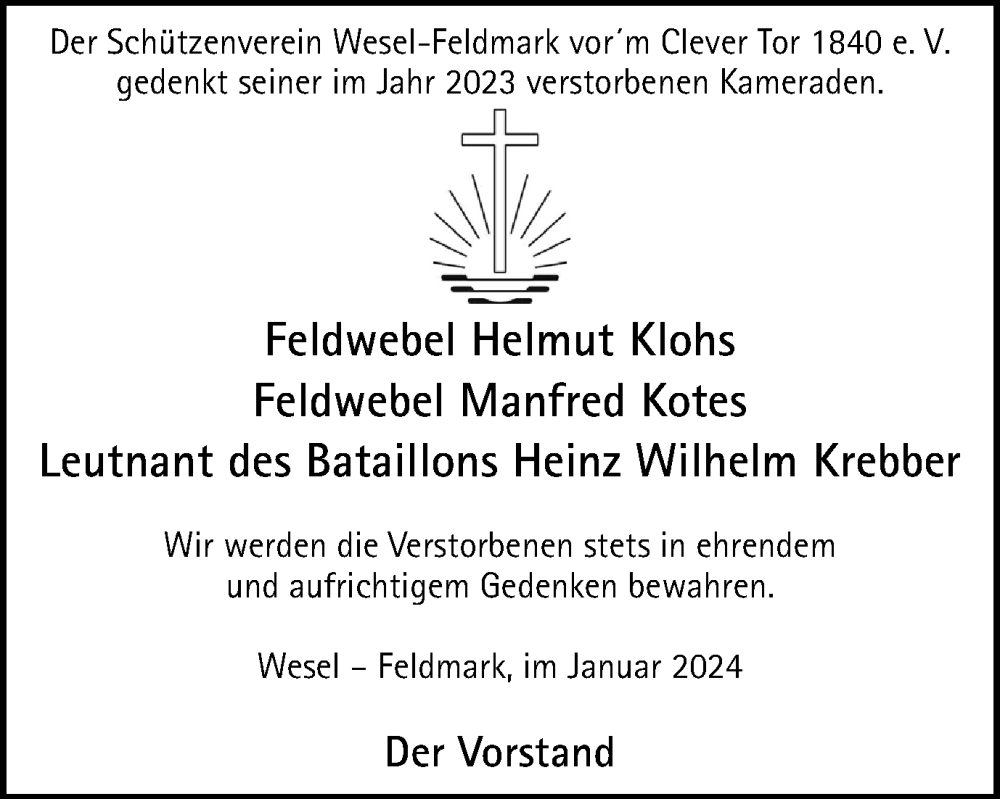  Traueranzeige für Im Gedenken Schützenverein Wesel-Feldmark vor´m Clever Tor 1840 e. V. vom 13.01.2024 aus Tageszeitung