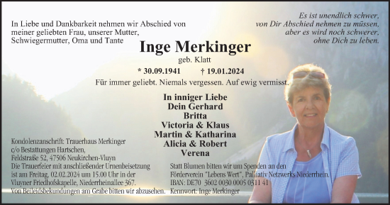 Traueranzeige von Inge Merkinger von Tageszeitung